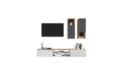 Garda parete soggiorno 2 pensili vetro rovere wotan/bianco laccato/antracite L210 cm