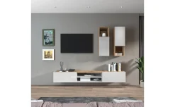 Garda parete soggiorno 2 pensili vetro rovere wotan/bianco laccato L210 cm
