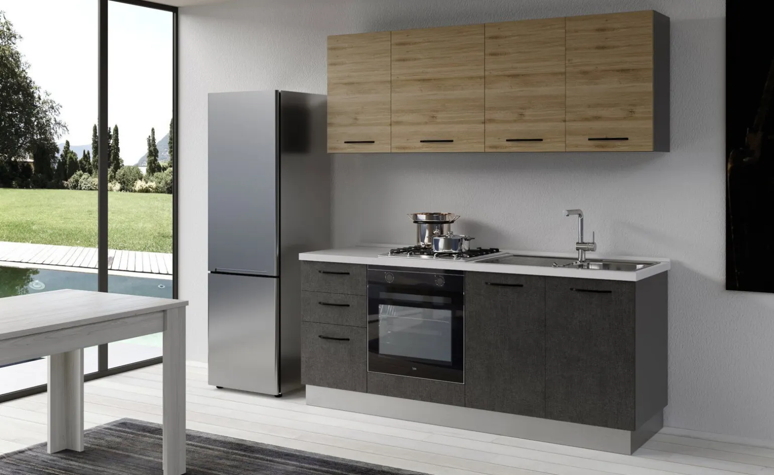 Gilda cucina 195 cm colore cemento scuro e rovere cadiz