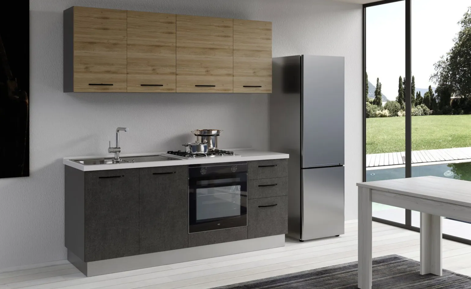 Gilda cucina 195 cm colore cemento scuro e rovere cadiz