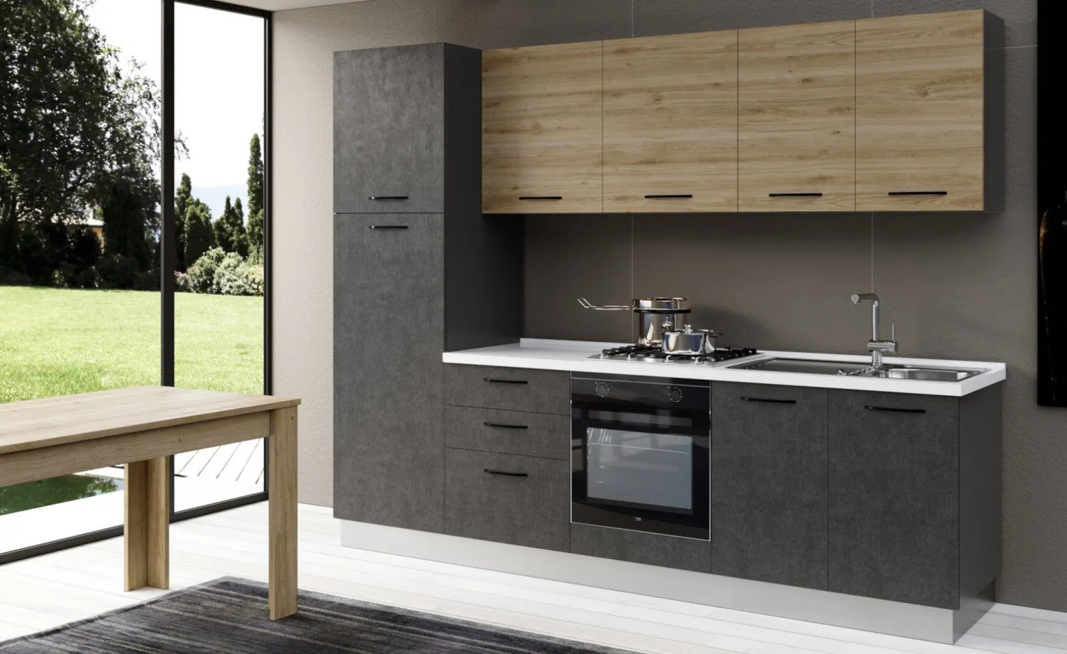 Gilda cucina 270 cm colore cemento scuro e rovere cadiz