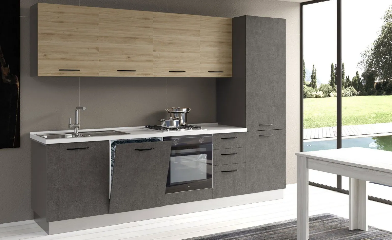 Gilda cucina 285 cm colore cemento scuro e rovere cadiz