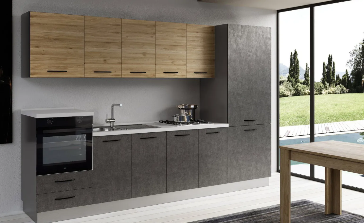 Gilda cucina 315 cm colore cemento scuro e rovere cadiz