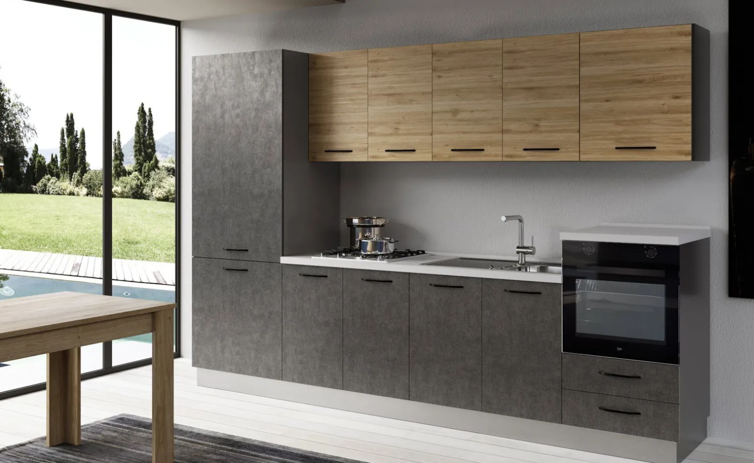 Gilda cucina 315 cm colore cemento scuro e rovere cadiz