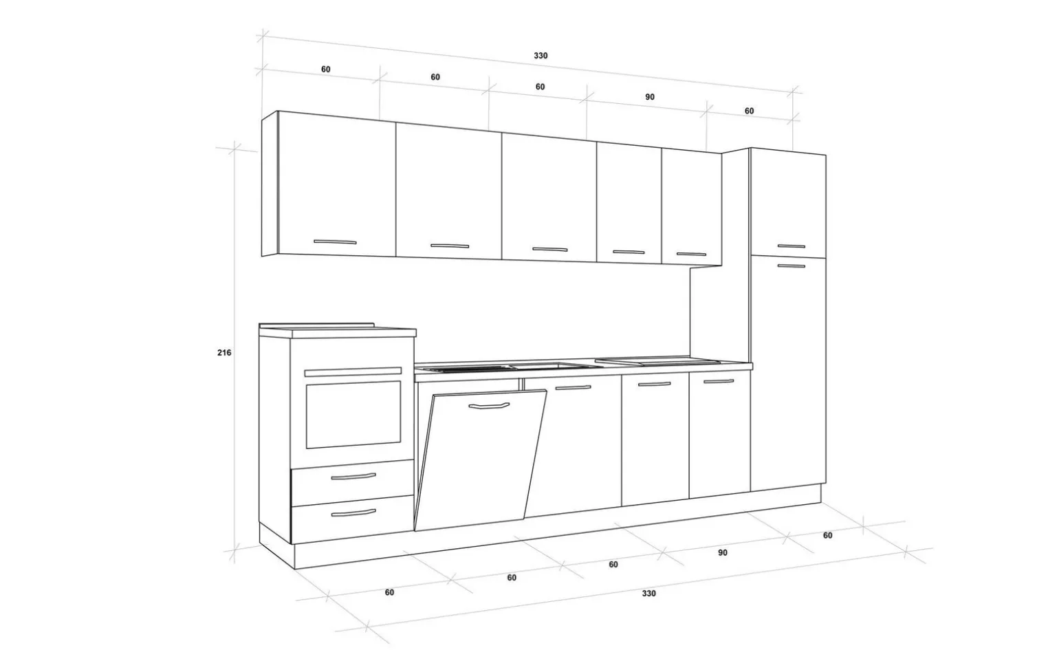 Gilda cucina 330 cm colore cemento scuro e rovere cadiz