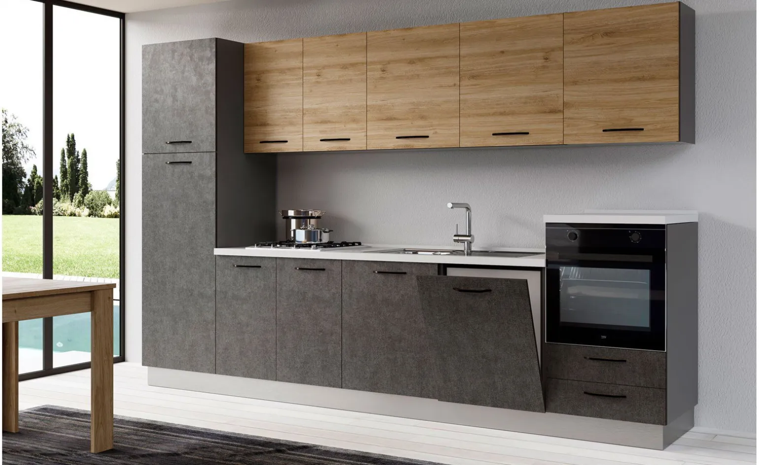 Gilda cucina 330 cm colore cemento scuro e rovere cadiz