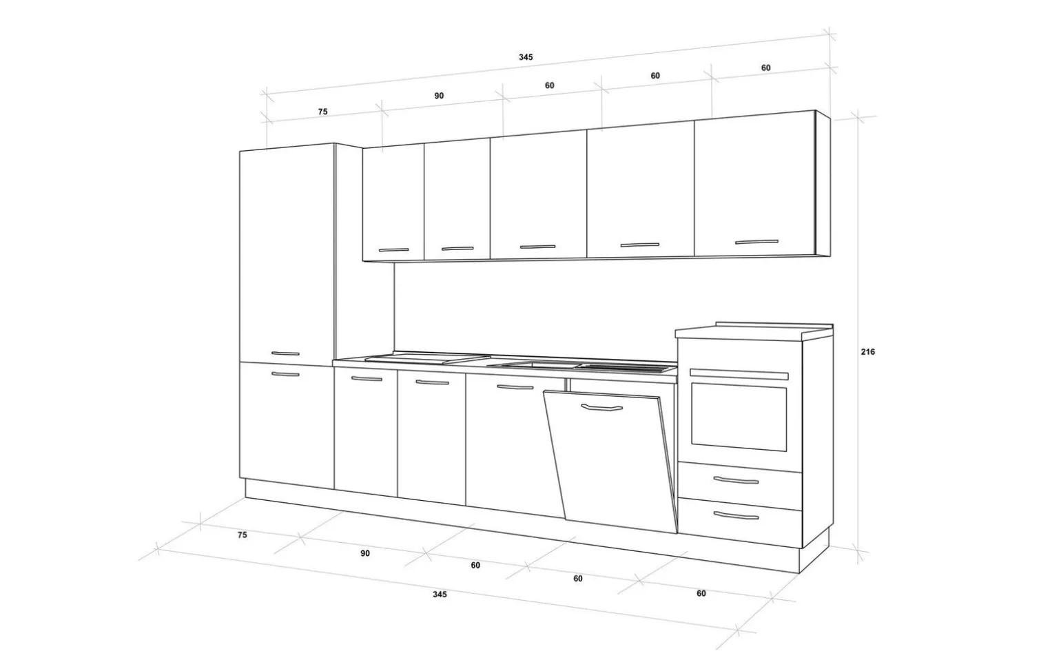 Gilda cucina 345 cm colore cemento scuro e rovere cadiz