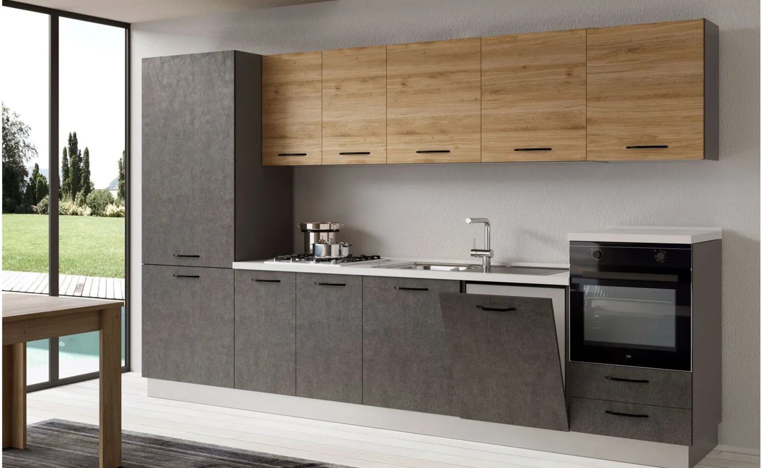 Gilda cucina 345 cm colore cemento scuro e rovere cadiz