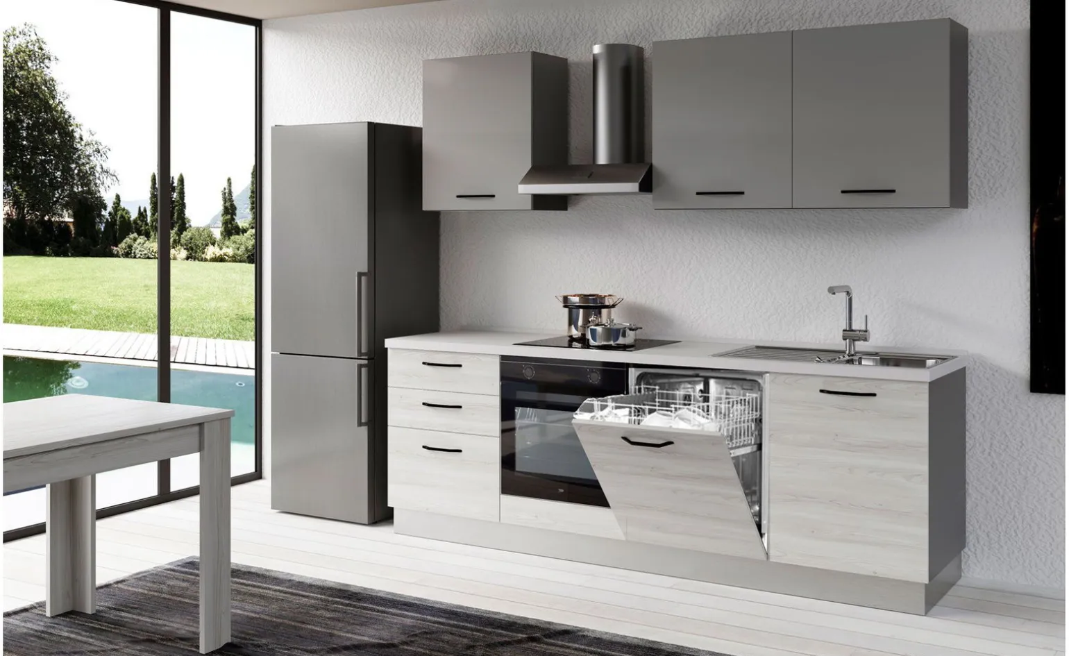 Gilda 2.0 cucina 300 cm colore frassino ghiaccio e light grey