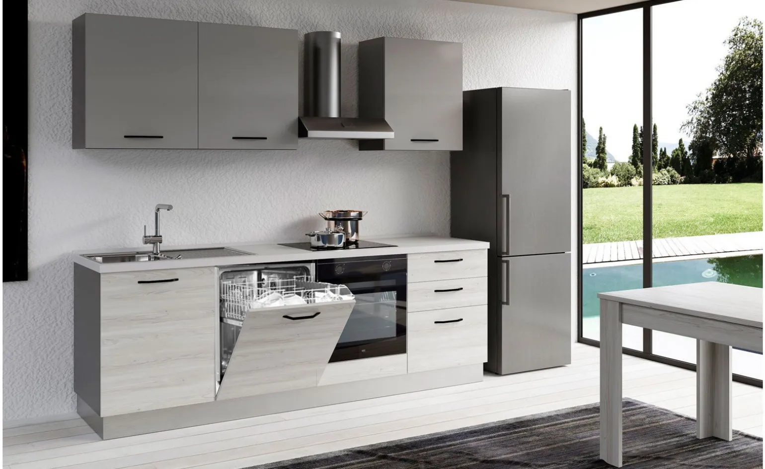 Gilda 2.0 cucina 300 cm colore frassino ghiaccio e light grey