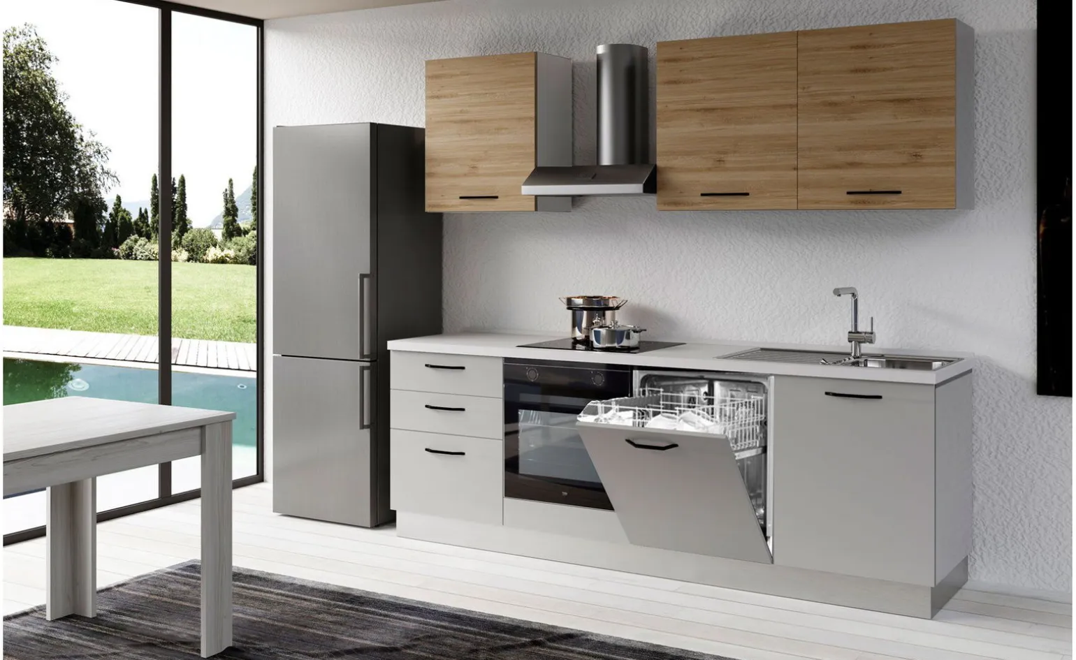 Gilda 2.0 cucina 300 cm colore light grey e rovere cadiz