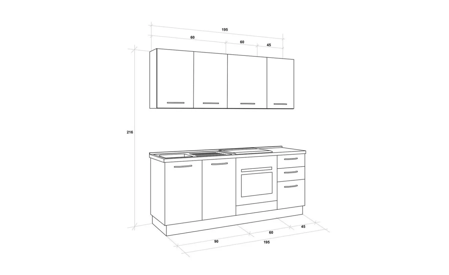 Gilda cucina 195 cm colore light grey e rovere cadiz