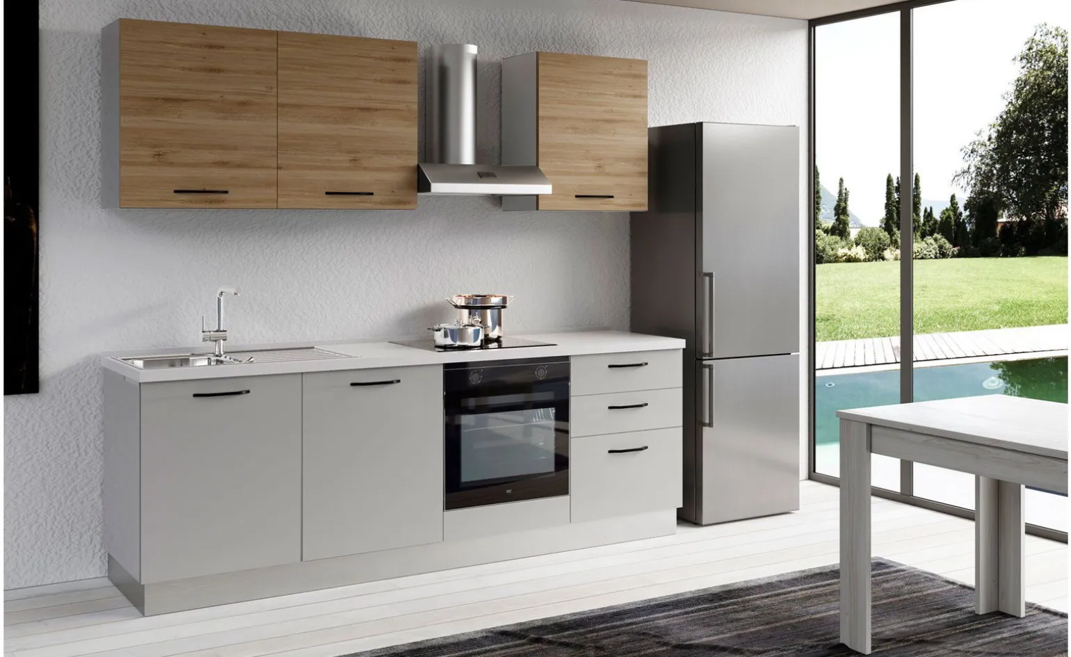 Gilda 2.0 cucina 300 cm colore light grey e rovere cadiz