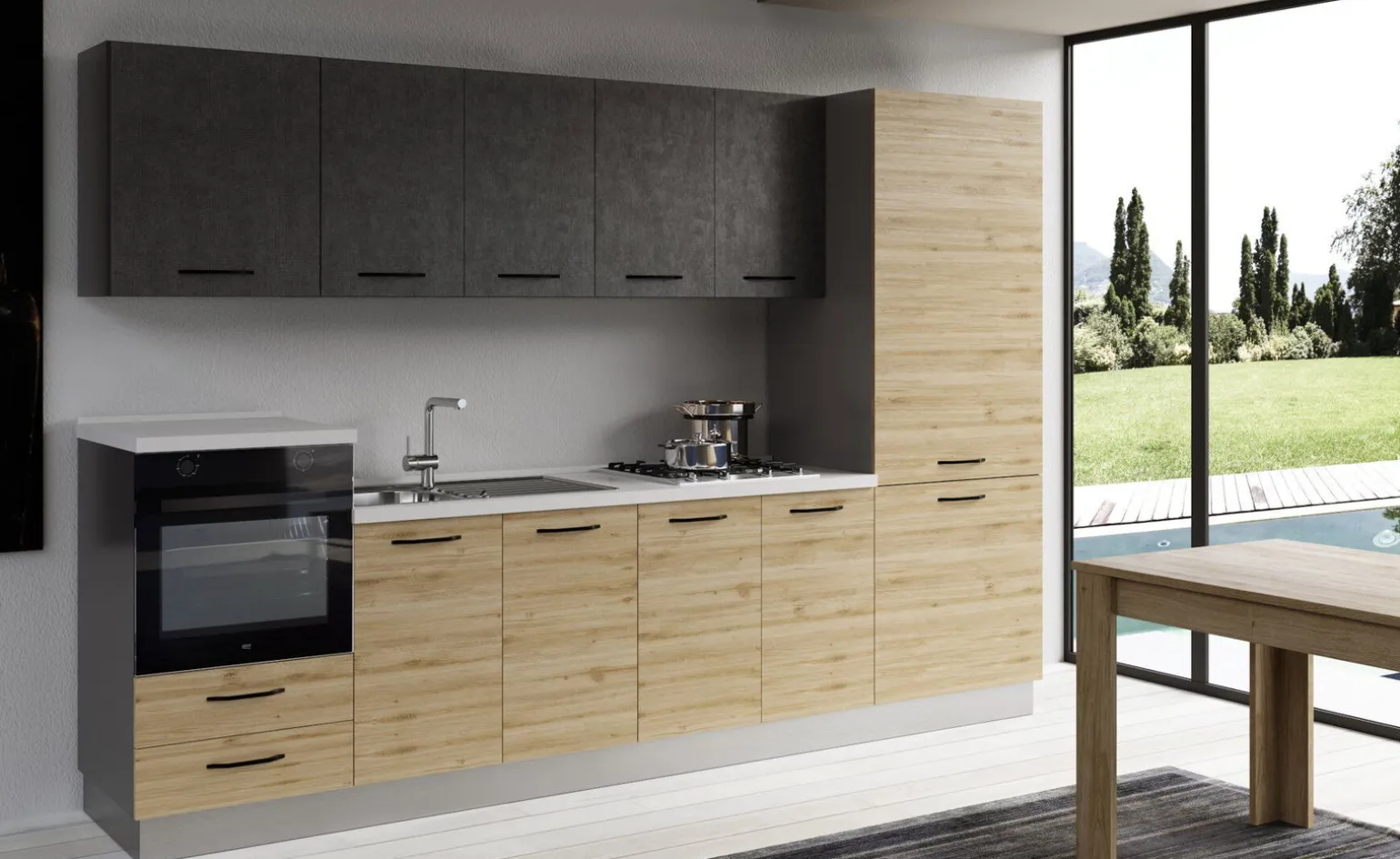 Gilda cucina 315 cm colore rovere cadiz e cemento scuro