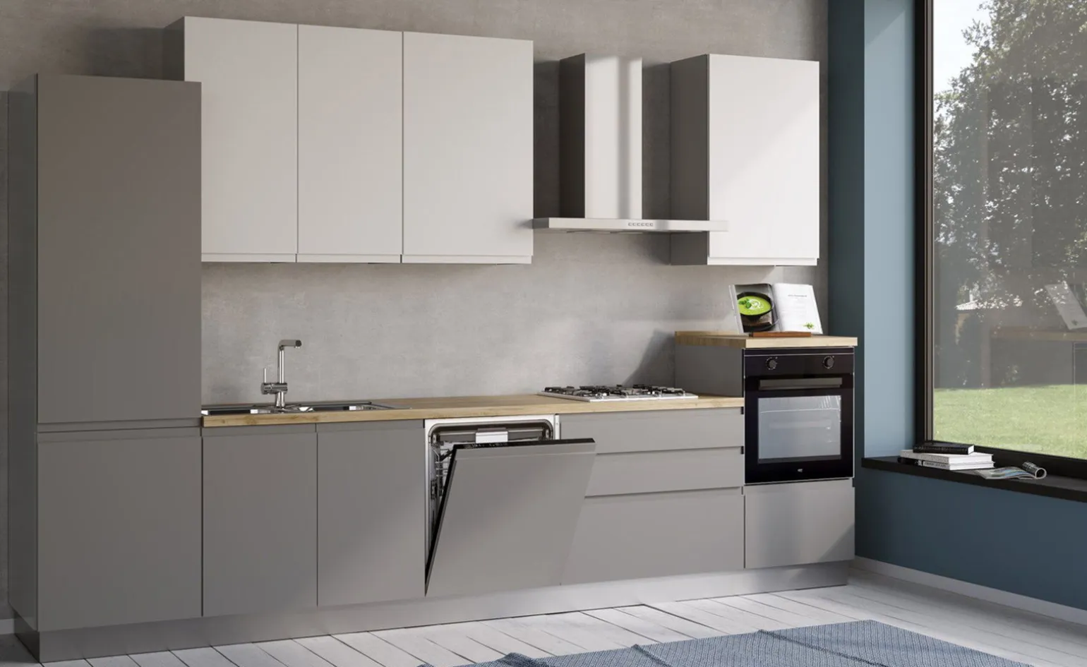 Iris cucina 360 cm colore grigio chiaro e bianco opaco con lavastoviglie