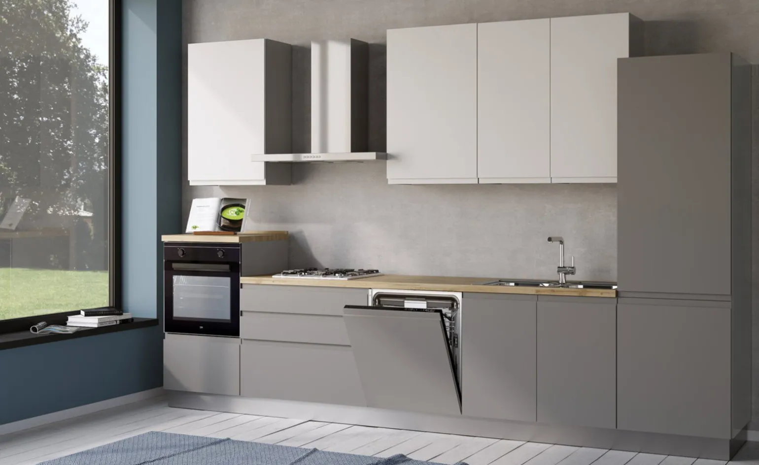 Iris cucina 360 cm colore grigio chiaro e bianco opaco con lavastoviglie