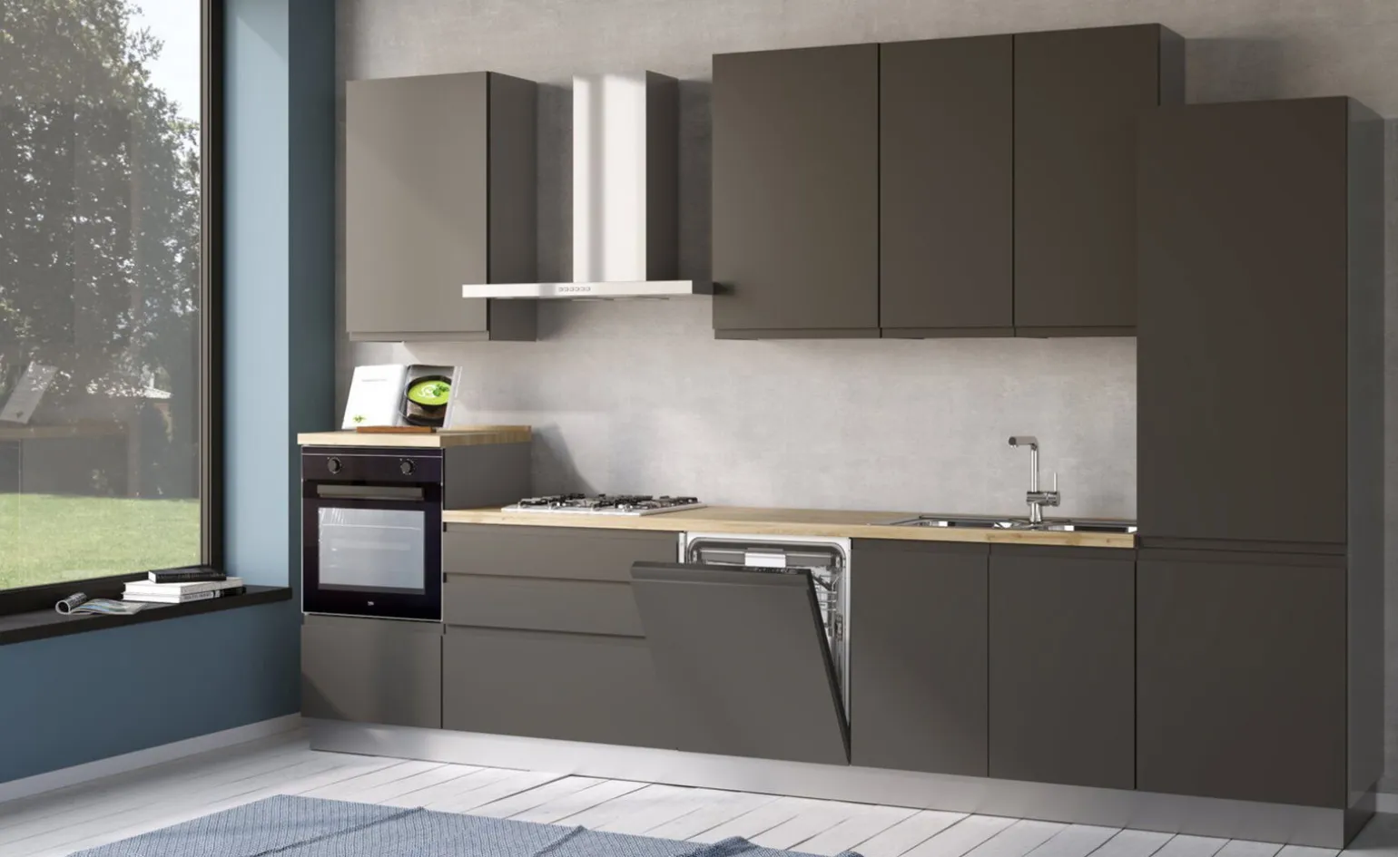 Iris cucina 360 cm colore grigio scuro con lavastoviglie