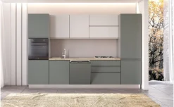 Iris Plus cucina 330 cm con piano gas, verde e bianco opaco