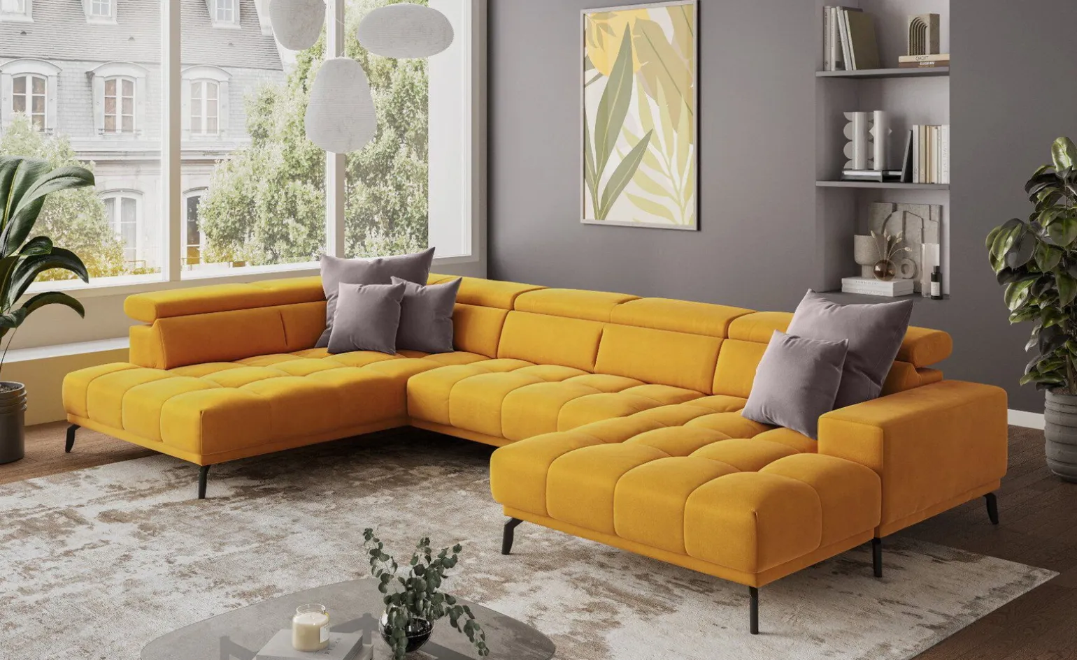 Narciso divano relax doppio angolo in tessuto giallo