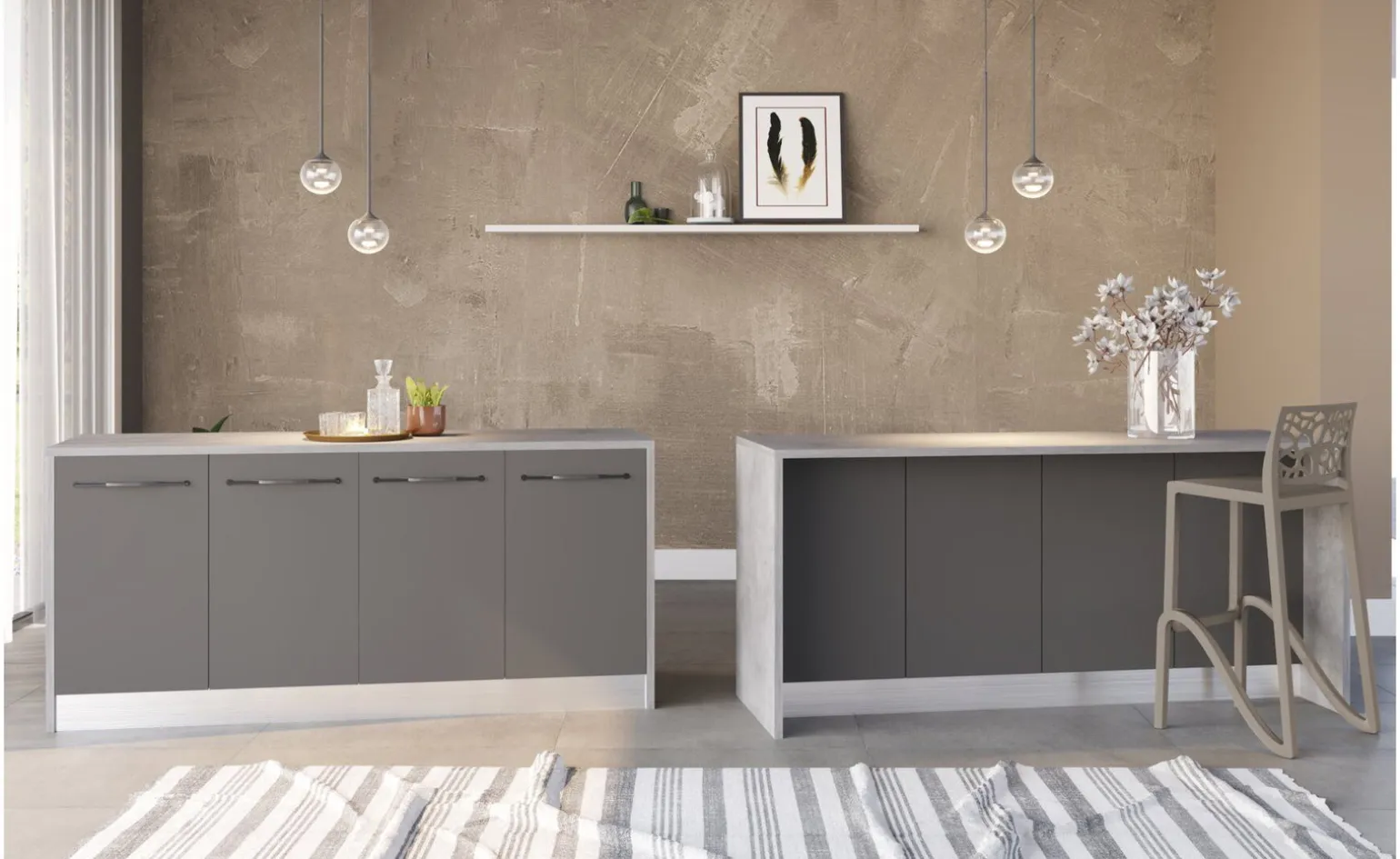 Noa isola 4 ante grigio onice con top cemento L185,5 cm
