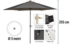Ombrellone LED Luce 1 – Ø300 cm, LED + pannello solare – grigio