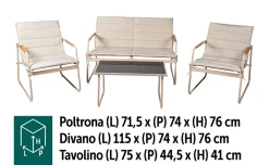 Partenope Set lounge divano, 2 poltrone e tavolino, sabbia