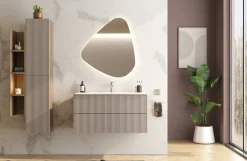 Riga mobile bagno 100 cm con lavabo, libreria, colonna e specchiera LED