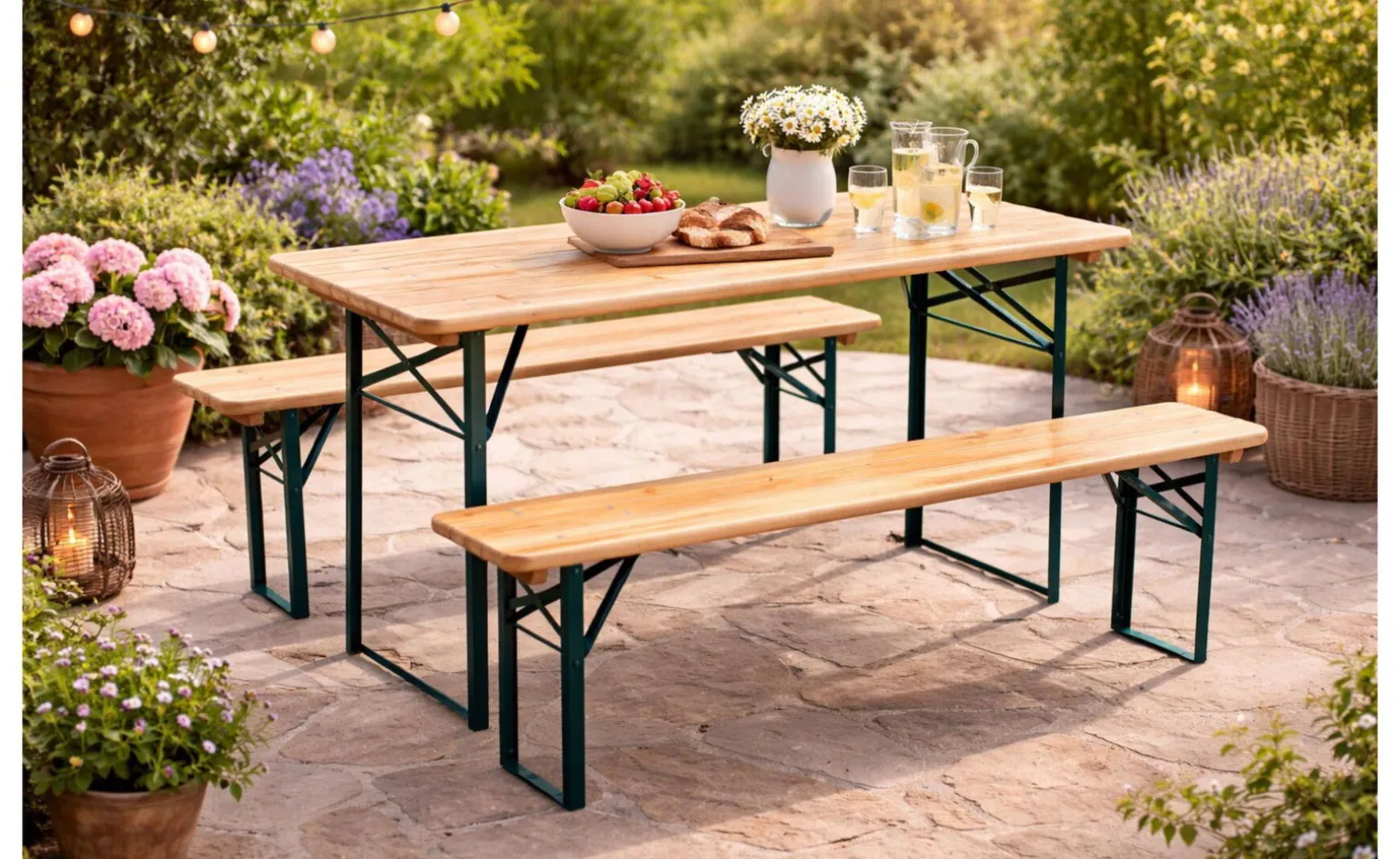 Set birreria, 2 panche e tavolo in legno naturale, 200x70 cm