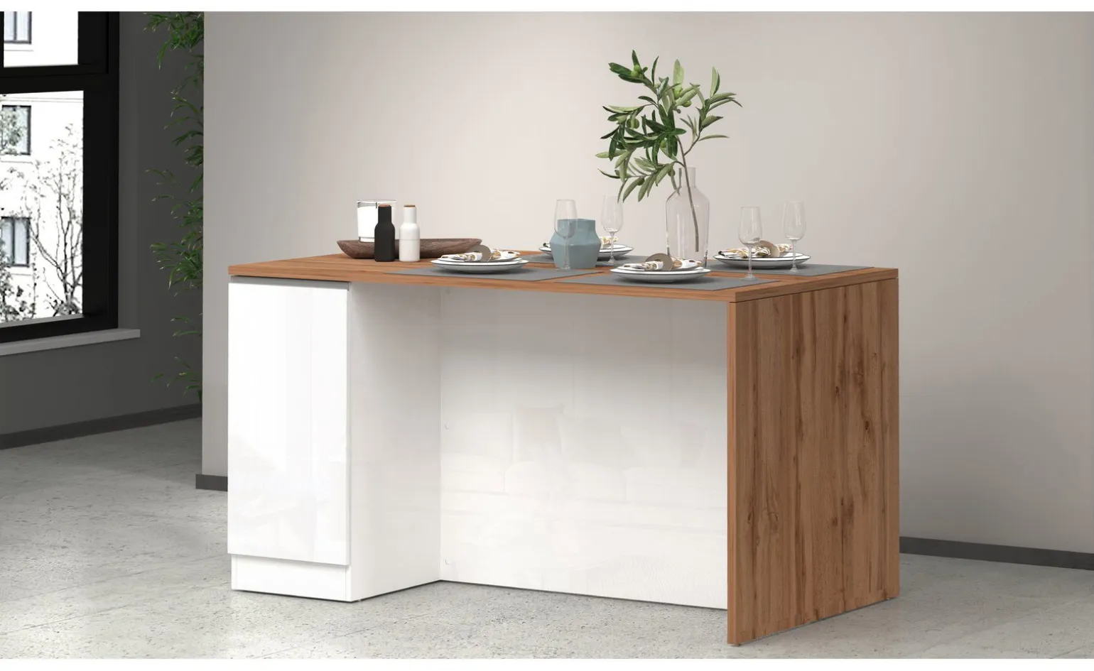 Snack isola 2 ante bianco lucido/rovere L160 cm