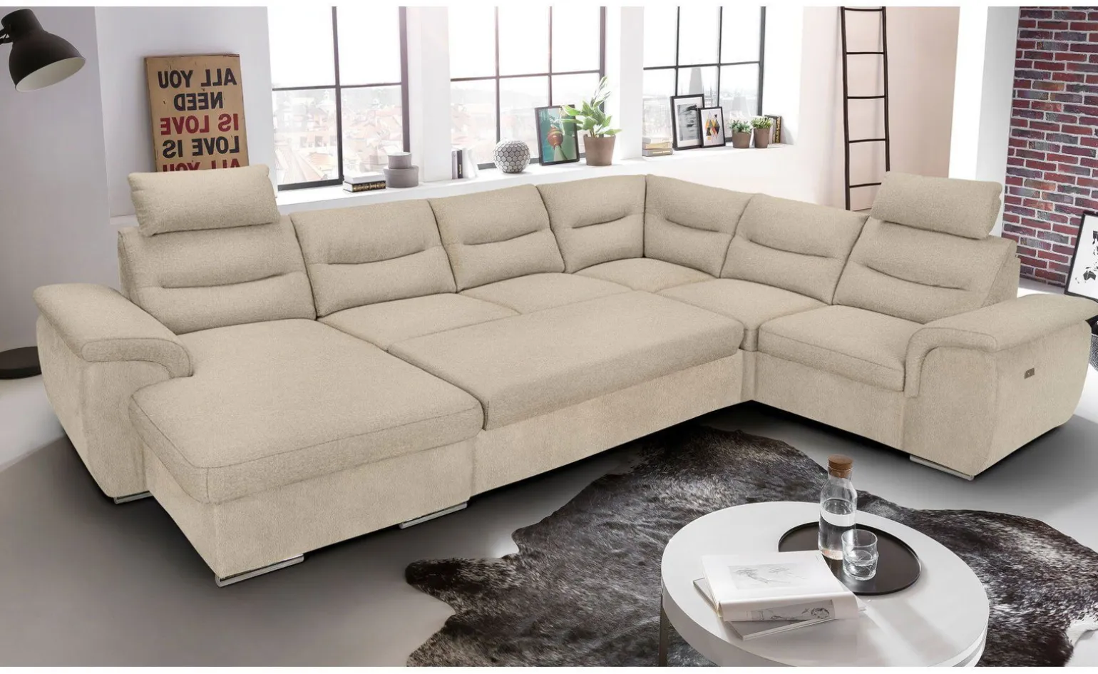 Vanity divano doppio angolo in tessuto beige