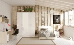 York cameretta betulla e bianco lucido, letto piazza e mezza con contenitore