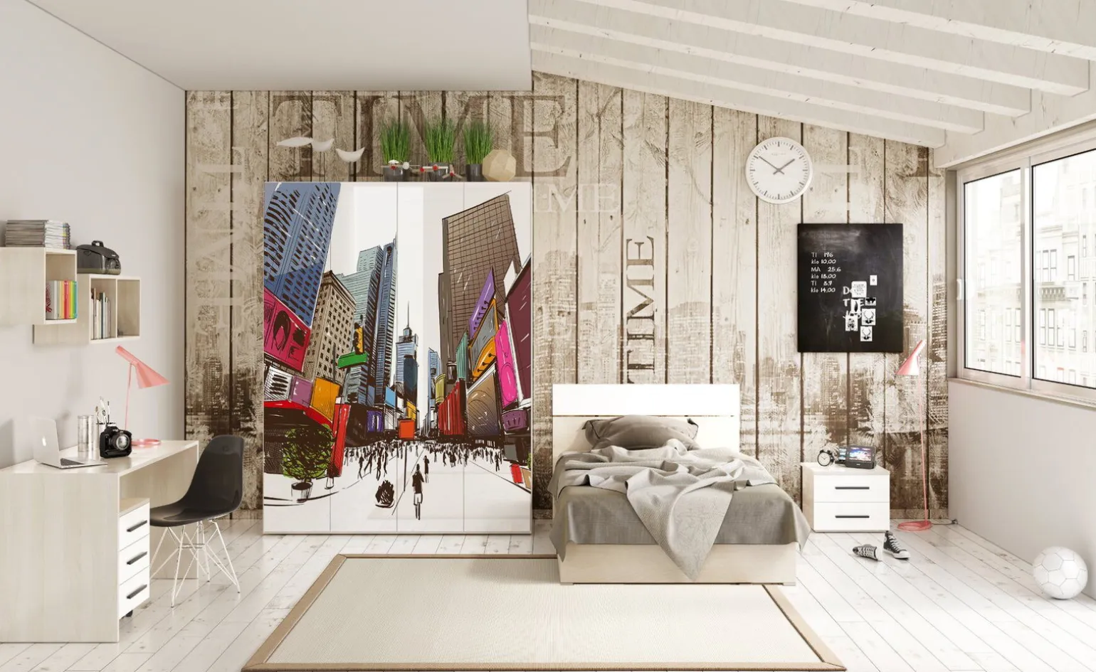 York cameretta betulla e bianco serigrafato, letto piazza e mezza con contenitore