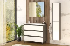 Young Mobile Bagno Completo con Colonna e Pensile con Specchio, Bianco Premium